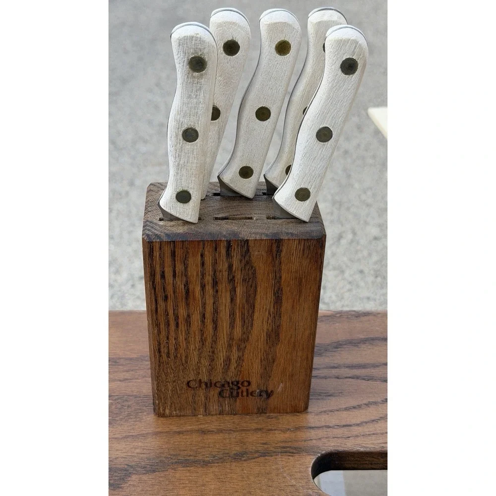 Chicago Cutlery Steak Knife Set 5 Pc w Wood Block Wood Handles‎ Vintage